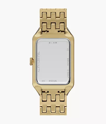 Fossil Raquel watch caseback displaying gold-tone stainless steel with bracelet