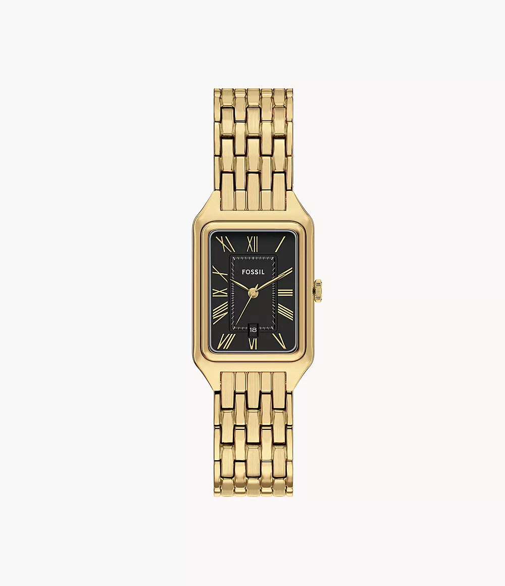Fossil Raquel gold-tone stainless steel women's watch with black dial and Roman numerals