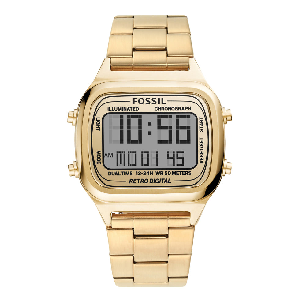 Fossil Retro Digital gold-tone stainless steel men's watch with digital display showing time and date
