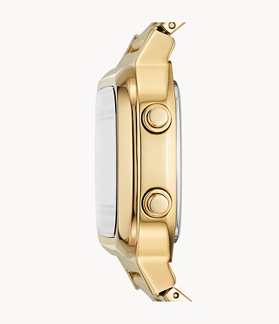 Side view of Fossil Retro Digital watch with gold-tone stainless steel case and crown buttons