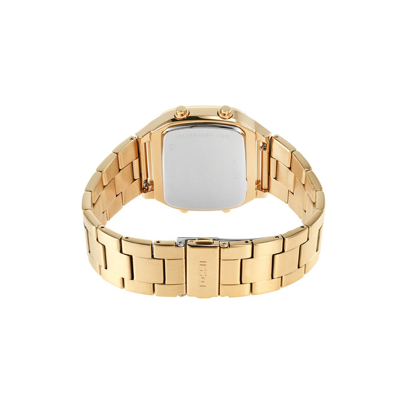 Fossil Retro Digital gold-tone watch displayed on wrist showing rectangular case and bracelet