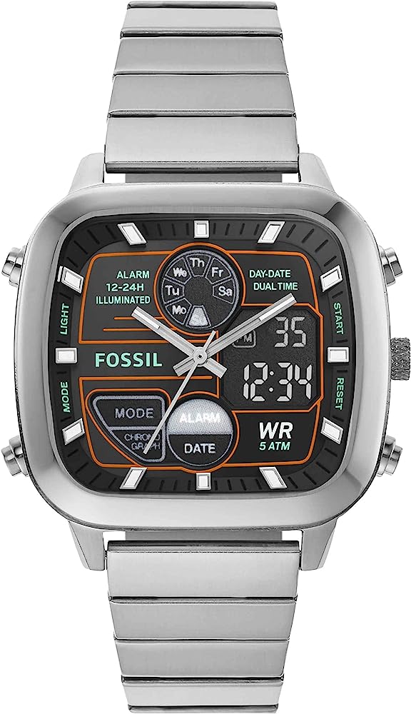 Fossil Retro FS5890 analogue-digital watch with silver stainless steel bracelet and black dial