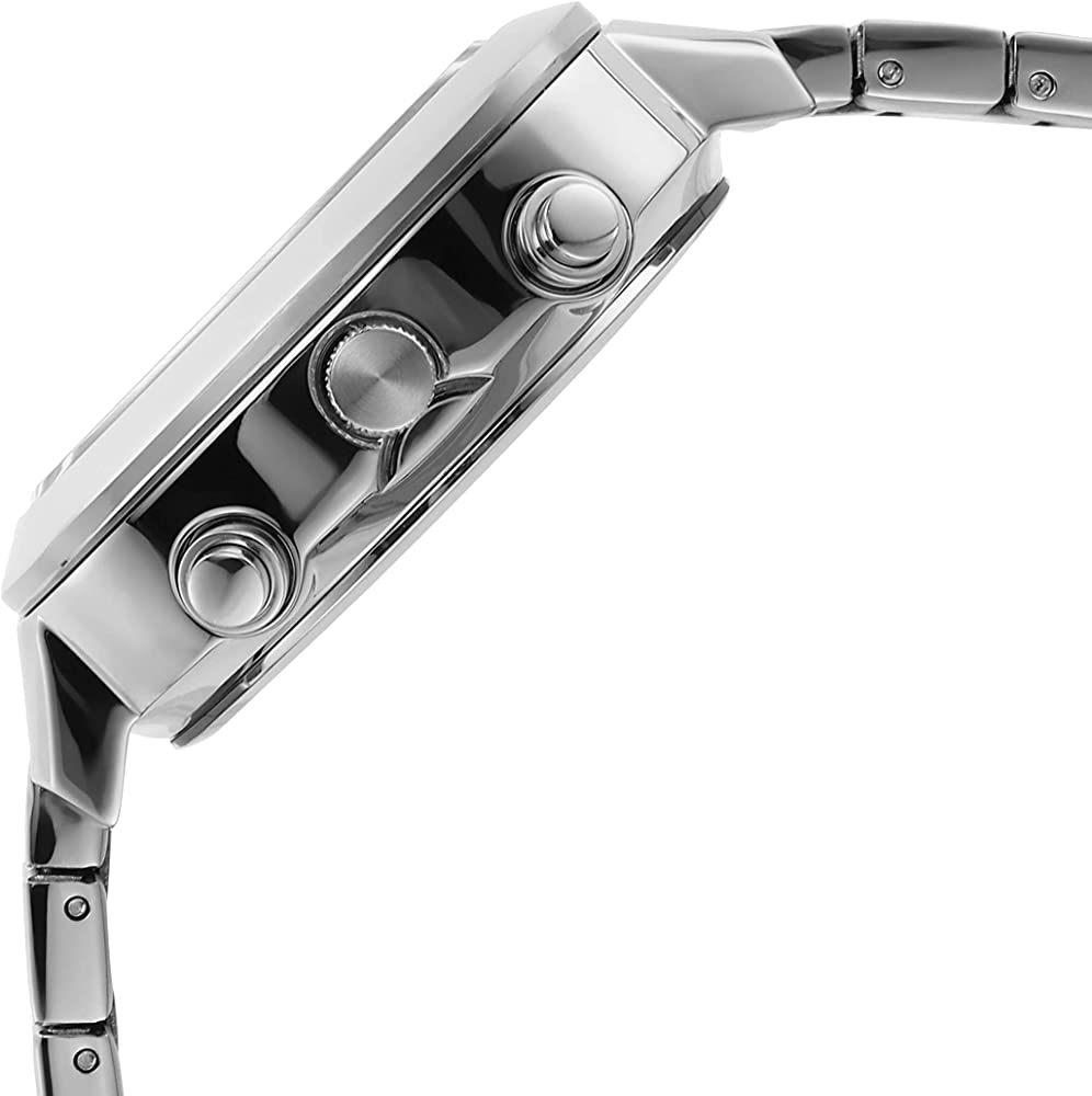 Side view of Fossil Retro FS5890 showing square case profile with silver stainless steel bracelet