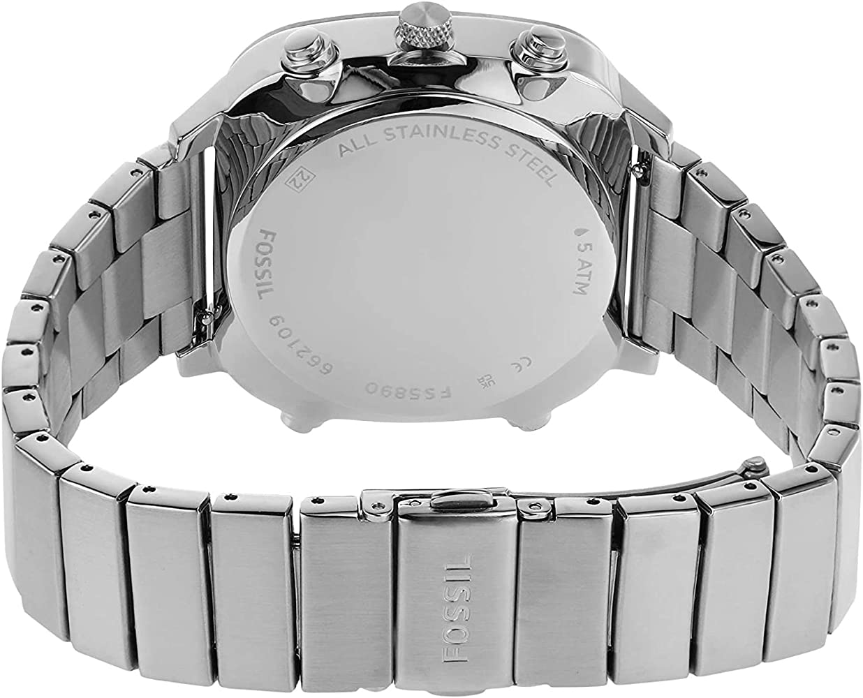 Fossil FS5890 caseback showing stainless steel case and metal bracelet