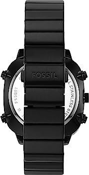 Back view of Fossil Retro FS5891 with black metal bracelet and case back detail
