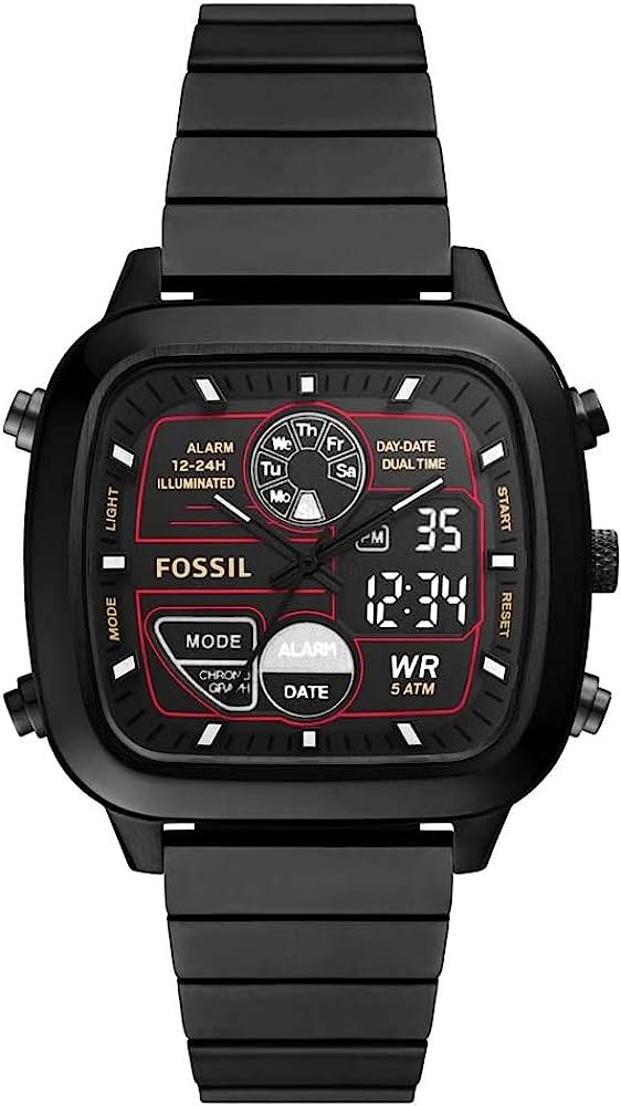 Fossil Retro FS5891 black analog-digital watch with dual dials and red accents