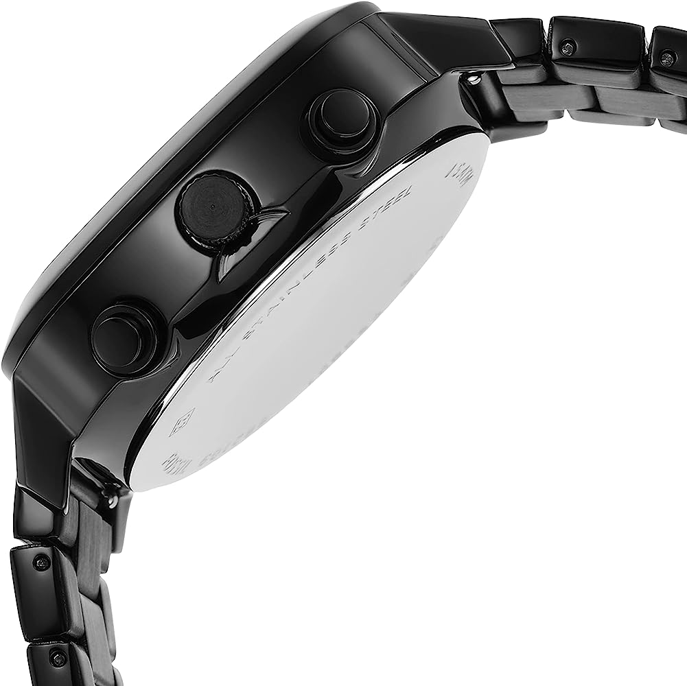 Side profile of Fossil Retro FS5891 showing black case with pushers and metal bracelet