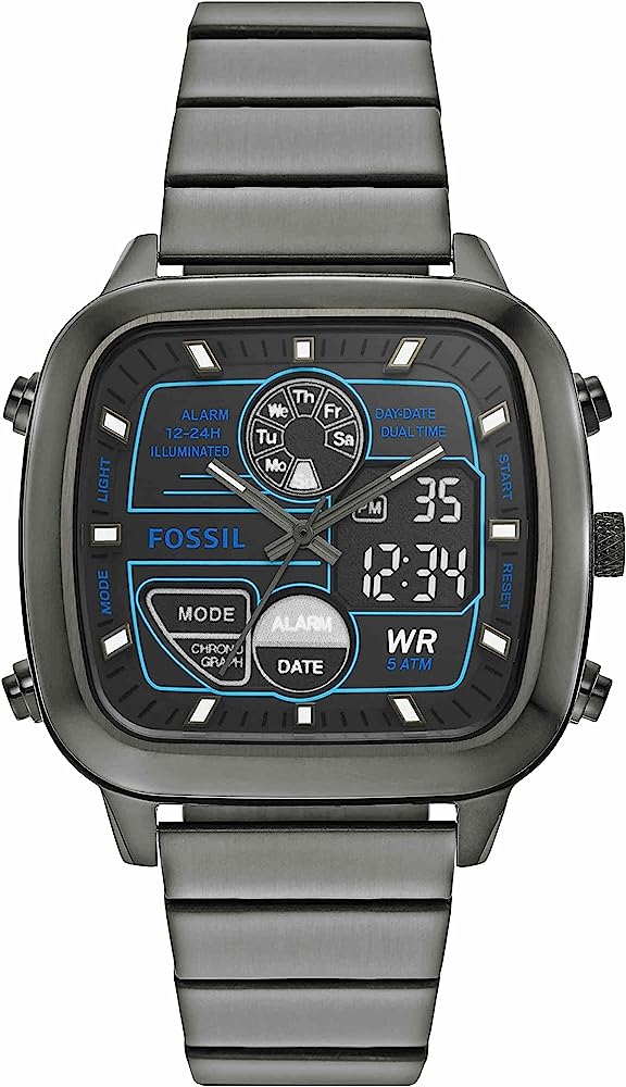 Fossil Retro FS5892 analog-digital watch with grey strap and blue digital display