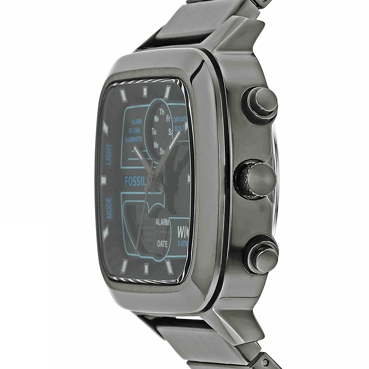 Side view of Fossil Retro FS5892 showing square case, crown and pushers