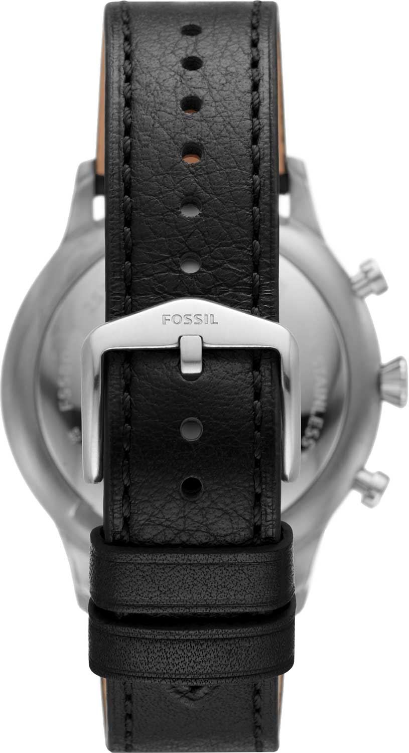 Caseback view of Fossil Retro Pilot watch with black leather strap and buckle