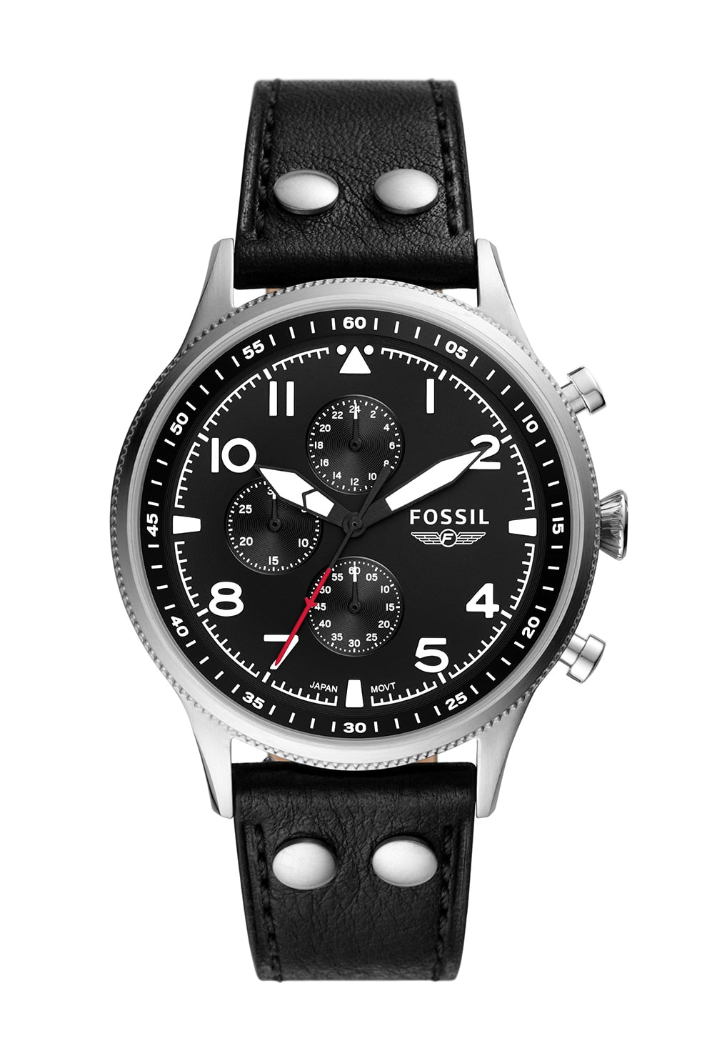 Fossil Retro Pilot chronograph watch with black dial, steel case, and black leather strap