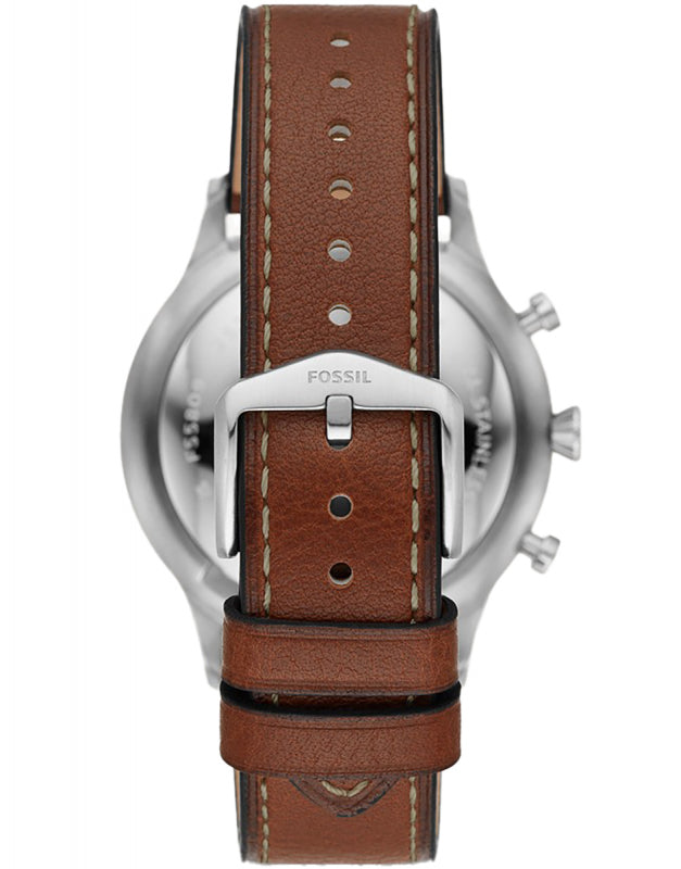 Fossil Retro Pilot chronograph watch back view showing brown leather strap and buckle