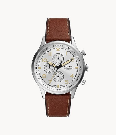Fossil Retro Pilot chronograph watch with cream dial, three subdials, and brown leather strap