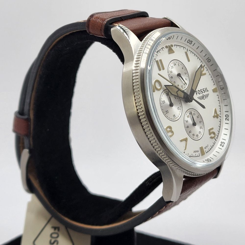 Fossil Retro Pilot chronograph watch side view showing case profile and leather strap