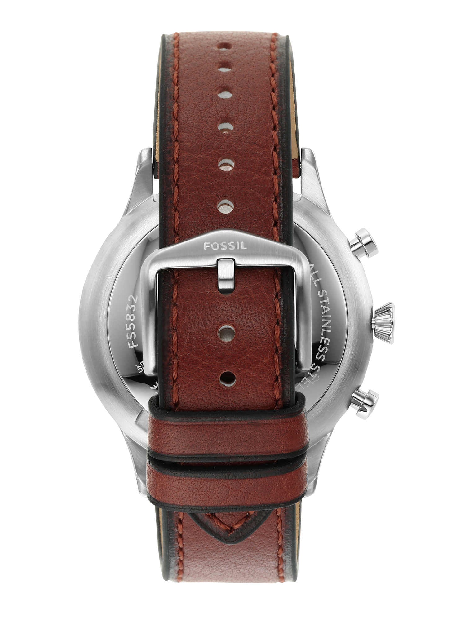Brown leather strap with riveted detail and stainless steel caseback of Fossil watch