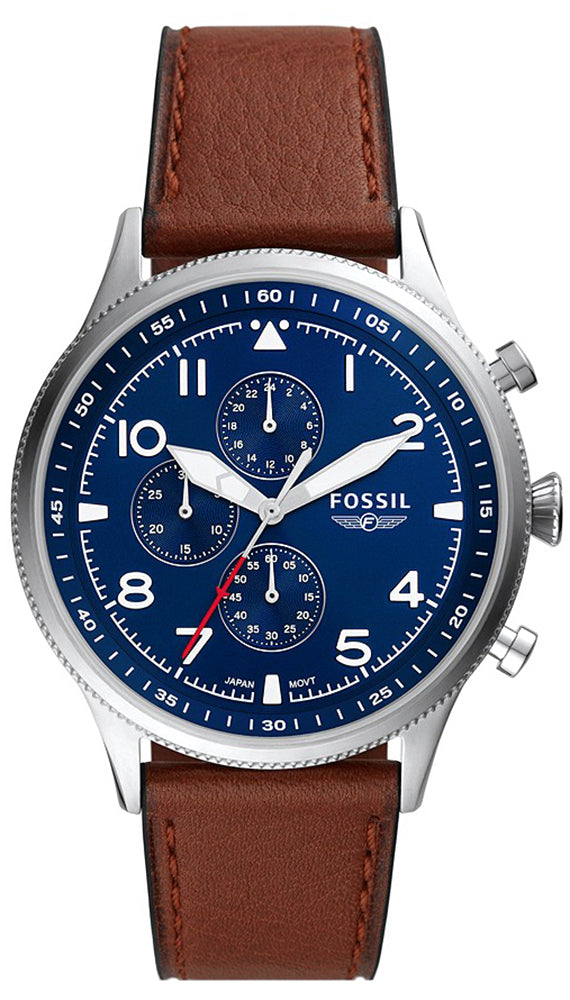 Fossil Retro Pilot chronograph watch with blue dial, white markers, and brown leather strap
