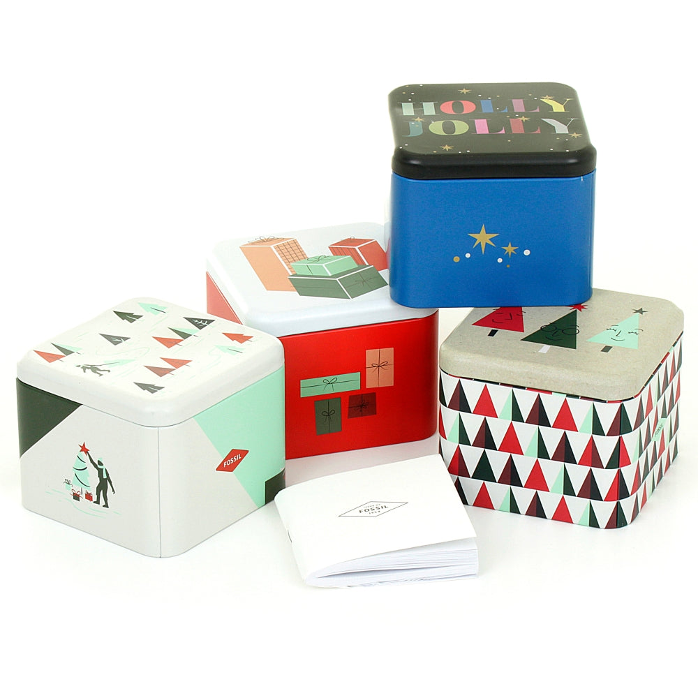 Fossil Retro Traveler Chronograph watch packaging with colorful decorative boxes