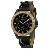 Fossil Riley Black Crystal-Set Dial Black Leather Strap Ladies Watch ES3696