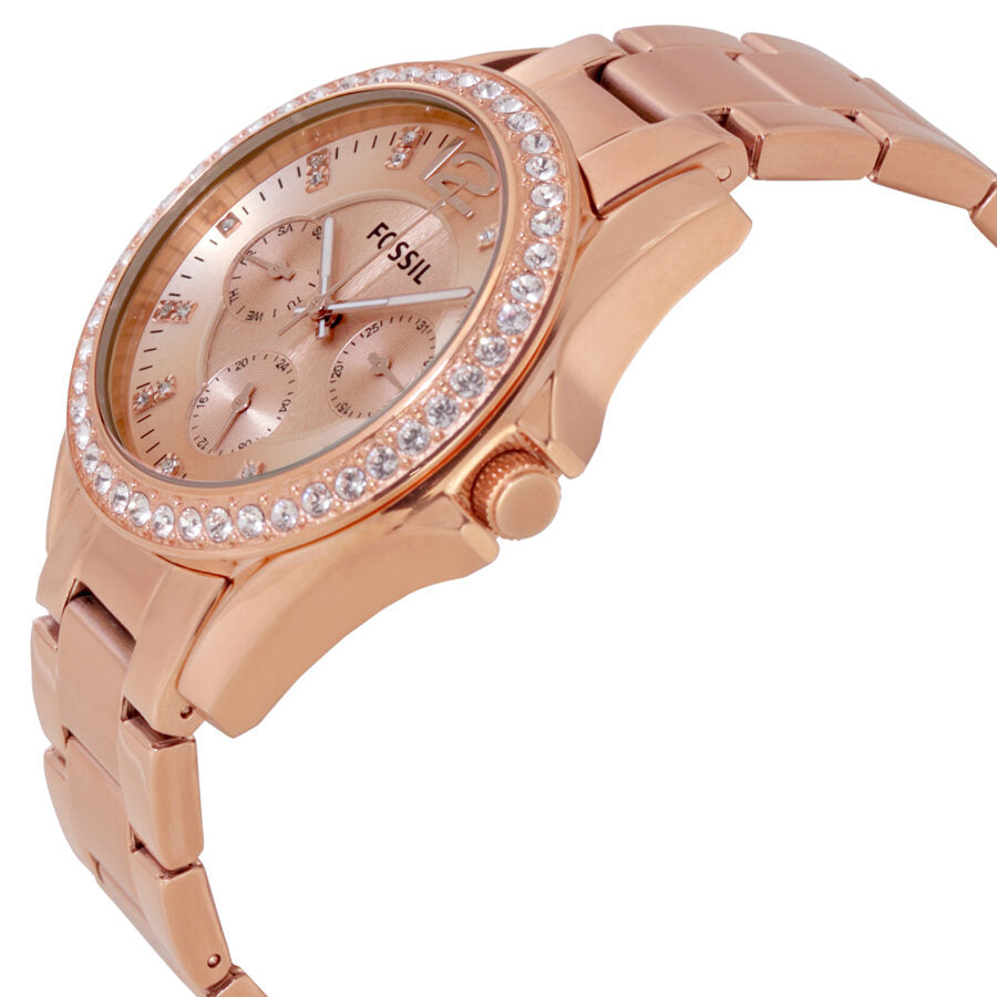 Fossil Riley rose gold watch shown at angle displaying case and bracelet details