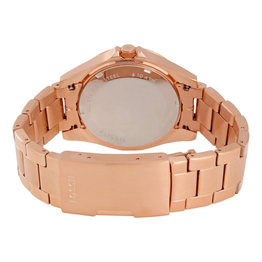 Fossil Riley watch caseback view showing rose gold stainless steel bracelet