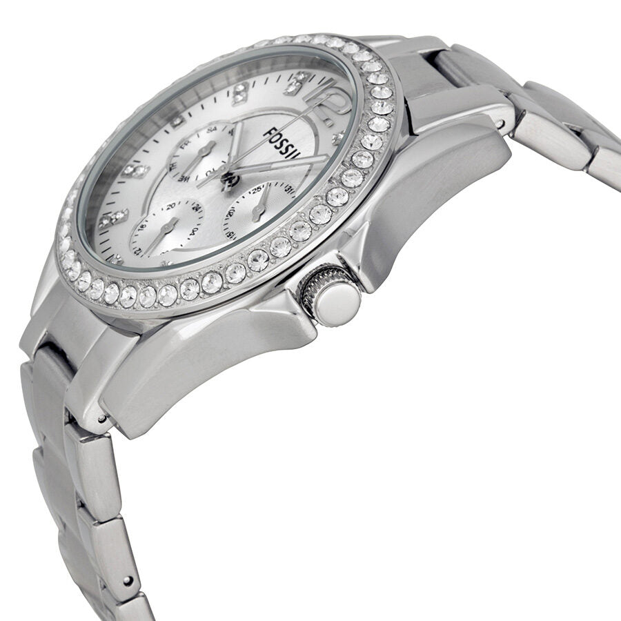 Fossil Riley watch side angle view showing stainless steel bracelet and crown