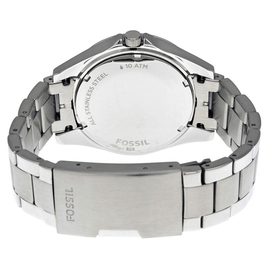 Fossil Riley watch caseback showing stainless steel bracelet and 10 ATM water resistance