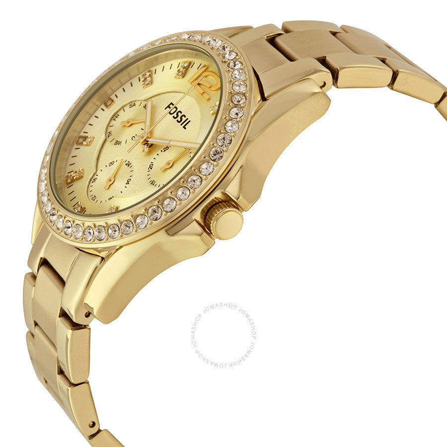 Fossil Riley ES3203 side angle view showing gold-tone bracelet and case
