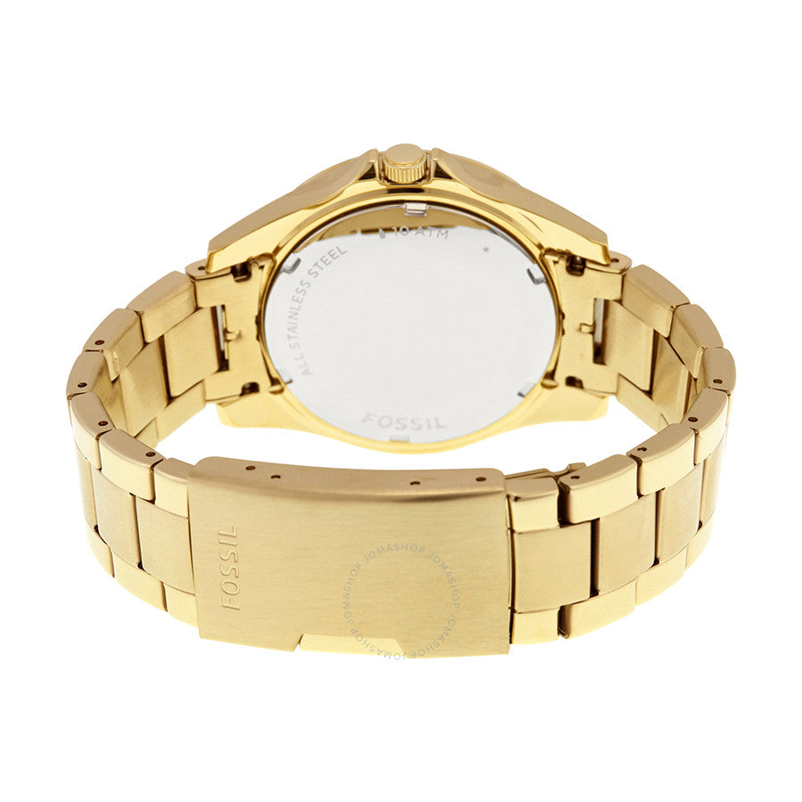 Fossil Riley ES3203 caseback view showing solid gold-tone stainless steel