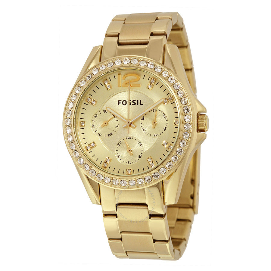 Fossil Riley ES3203 champagne dial multifunction watch with diamond bezel
