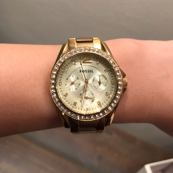 Fossil Riley ES3203 multifunction watch on wrist showing champagne dial