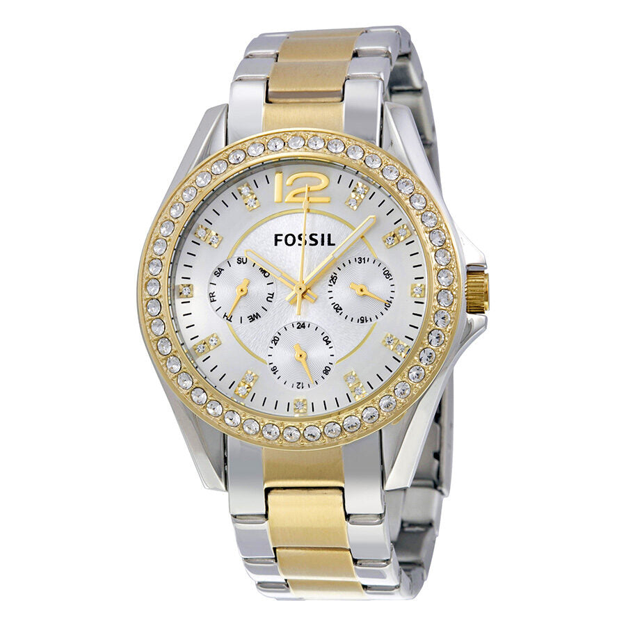 Fossil Riley two-tone ladies watch with white dial, gold and silver bracelet, crystal bezel