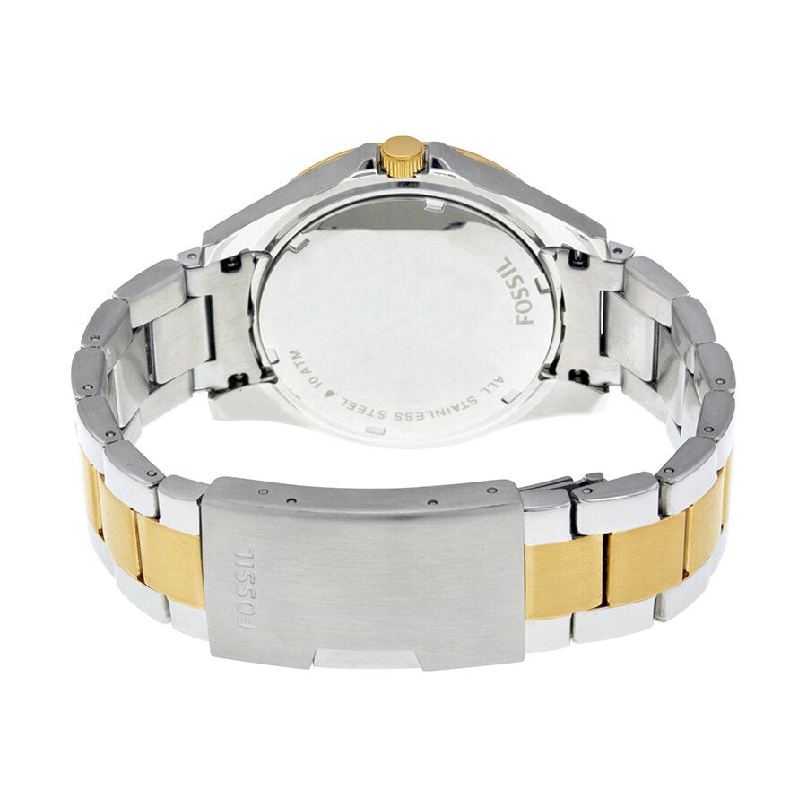 Fossil Riley watch caseback showing two-tone bracelet and stainless steel case back