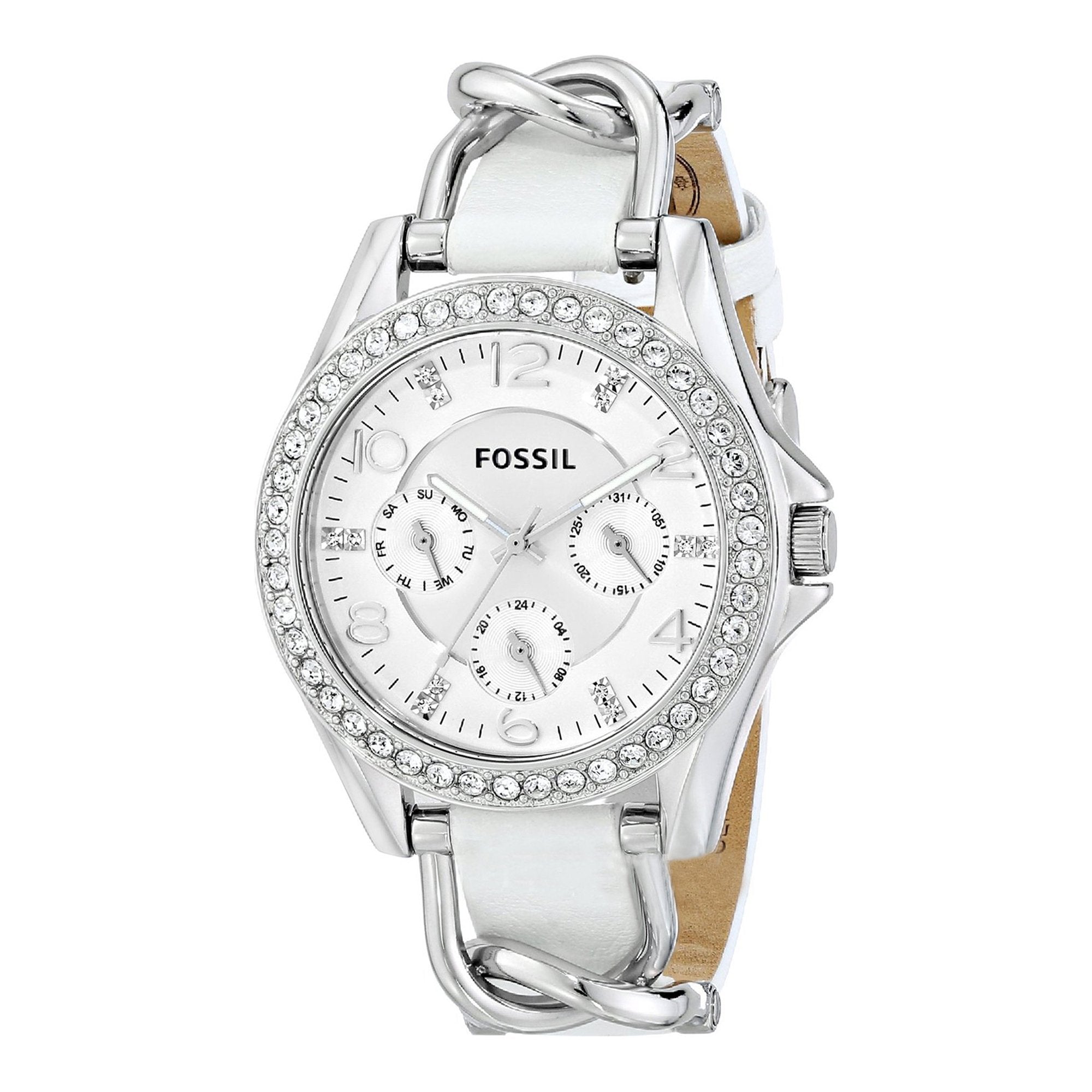 Fossil Riley white women's watch angled view showing crystal-adorned bezel and leather strap