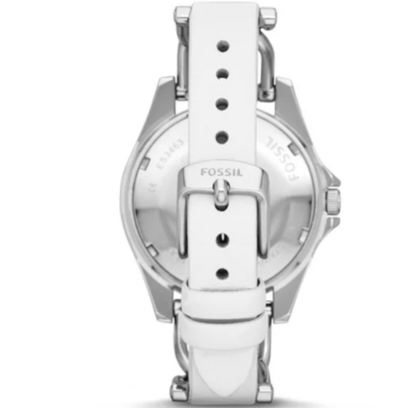 Fossil Riley watch caseback showing white leather strap with metal bar fastening