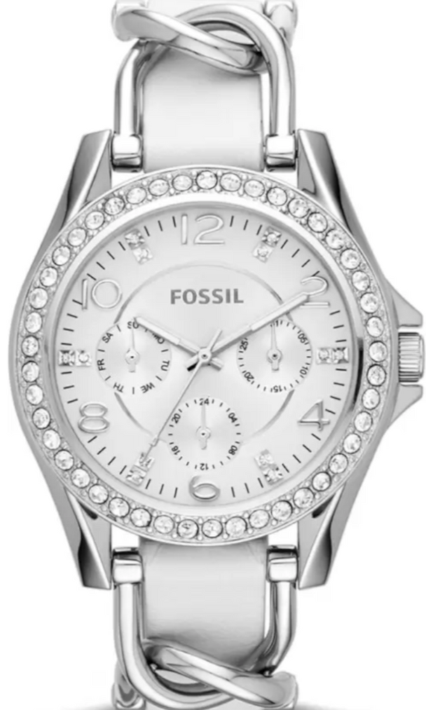 Fossil Riley 38MM women's watch with white dial, crystal bezel, and white leather strap