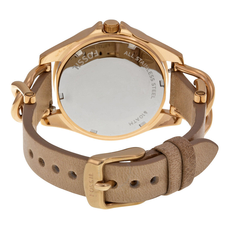 Fossil Riley watch caseback showing stainless steel back and bone leather strap with buckle