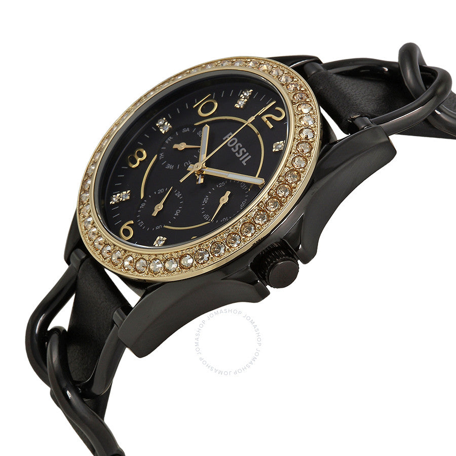 Fossil Riley watch at angle showing black dial with crystal bezel and leather band