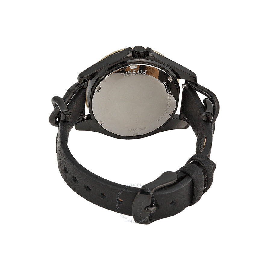 Fossil Riley watch caseback showing stainless steel back and black leather strap