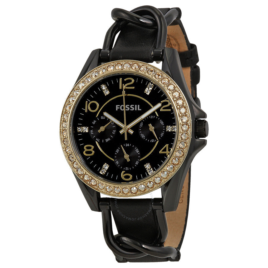 Fossil Riley ladies watch with black crystal-set dial, gold numerals, and black leather strap