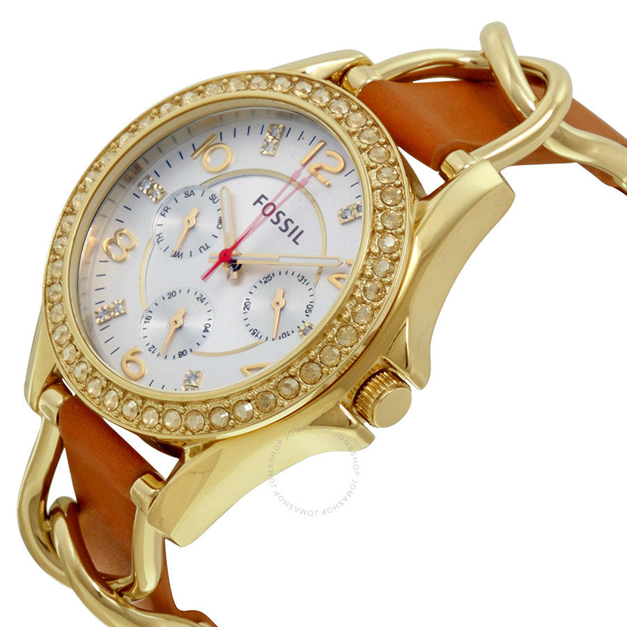Angled view of Fossil Riley watch showing silver dial with multiple subdials and crystal bezel