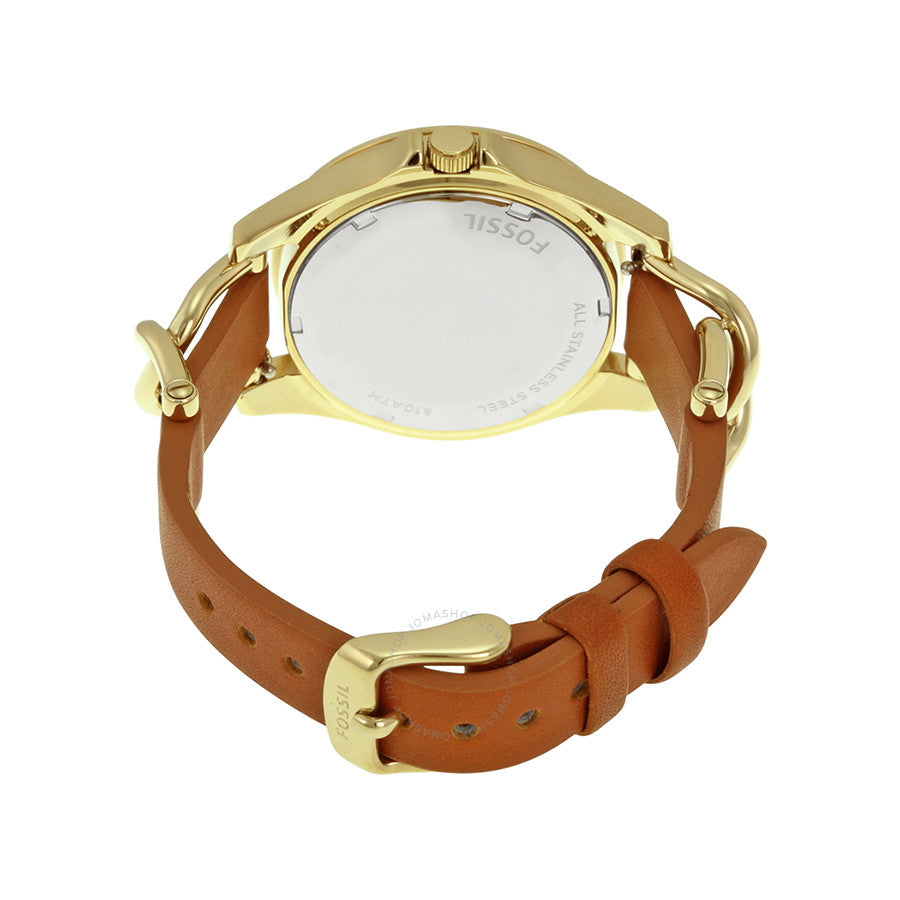Back view of Fossil Riley watch showing case back and brown leather band