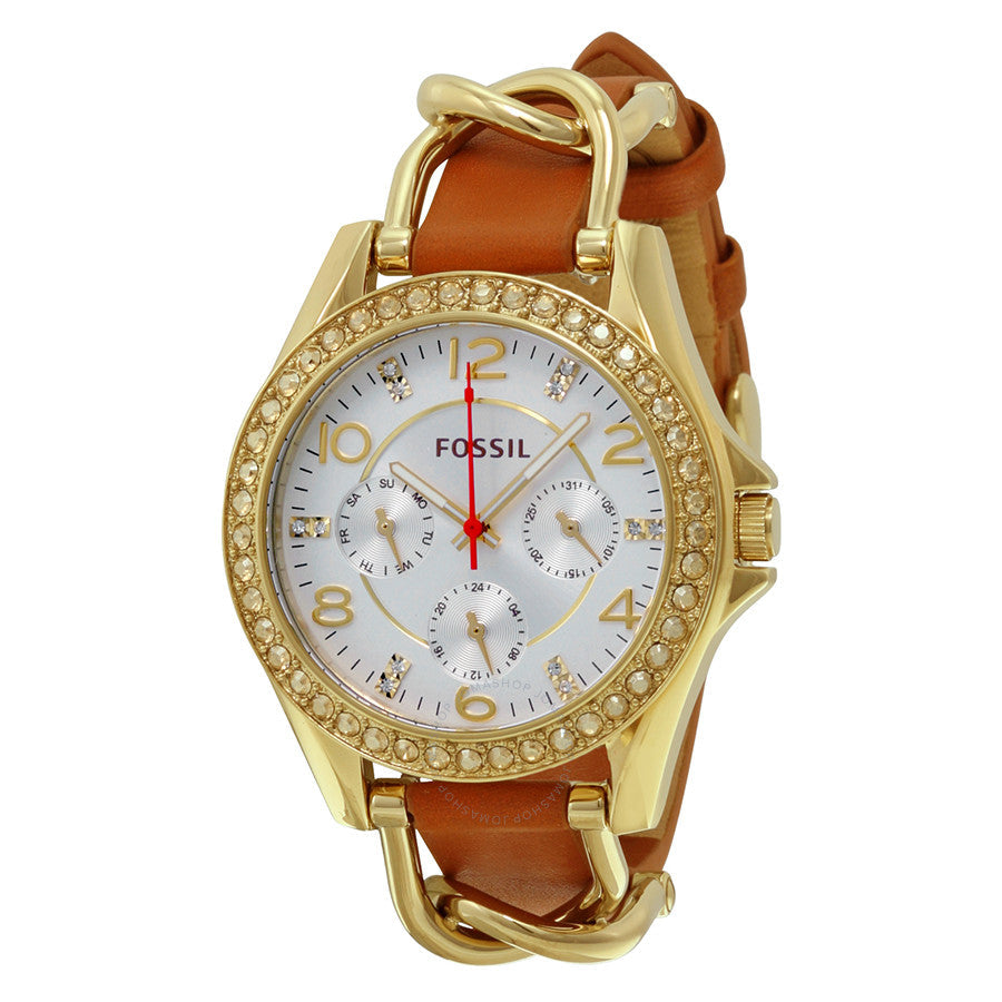 Fossil Riley ladies multifunction watch with silver dial, gold bezel, and brown leather strap