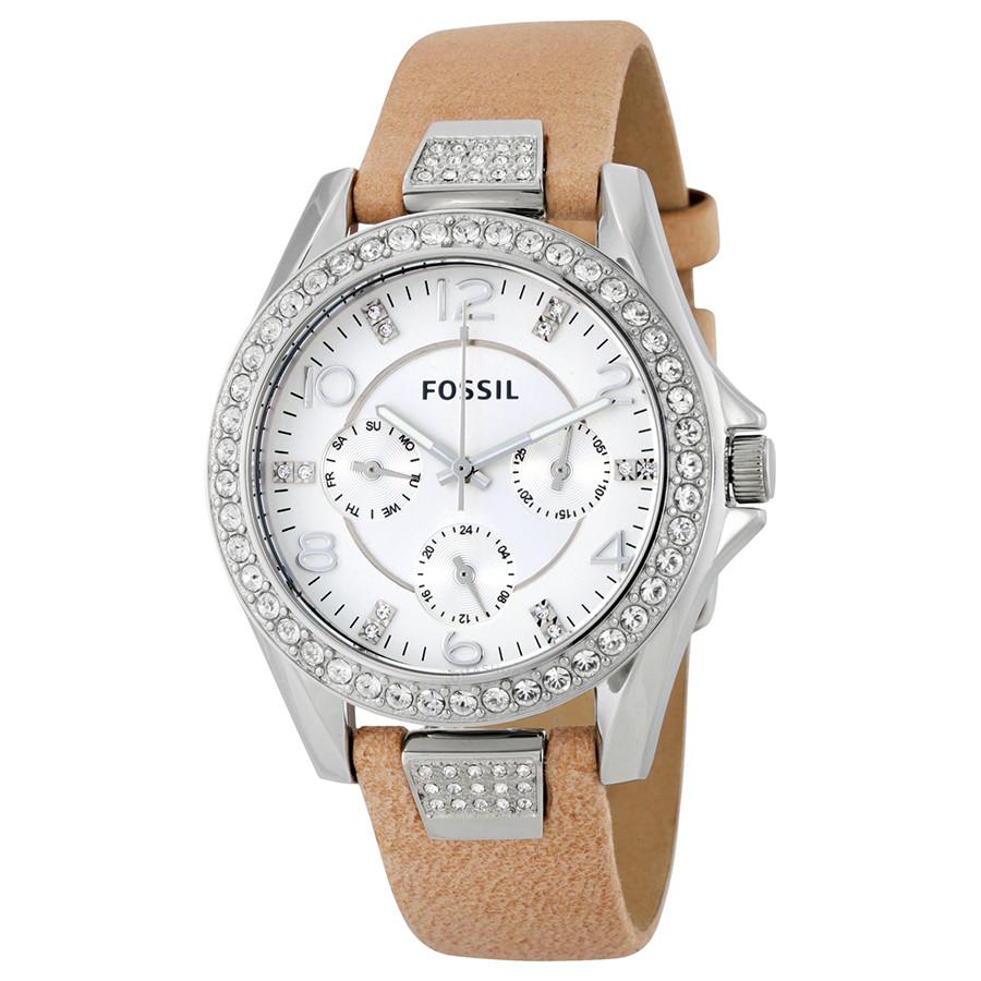 Fossil Riley multifunction watch with silver dial, crystal bezel and tan leather strap