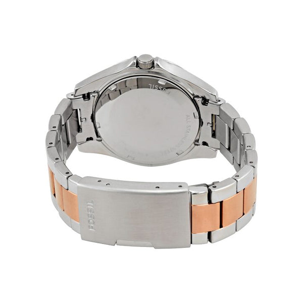 Caseback view of Fossil Riley watch showing stainless steel and rose gold band