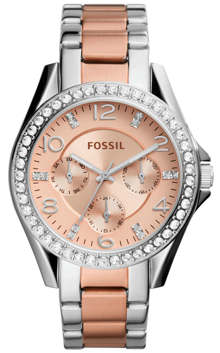 Fossil Riley rose gold dial ladies multifunction watch with diamond-set bezel and two-tone bracelet