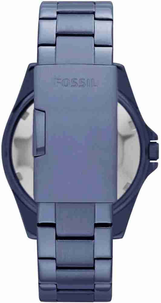 Back view of Fossil Riley watch case showing blue steel caseback with Fossil branding