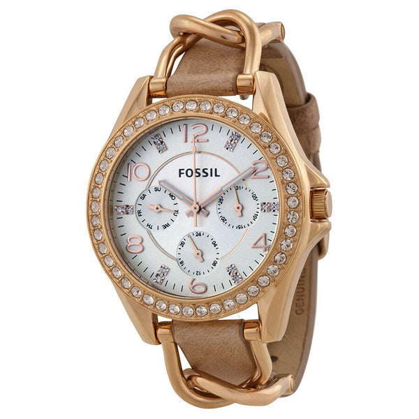Fossil Riley Multi-Function Sand Dial Bone Leather Ladies Watch ES3466 - The Watches Men & Co