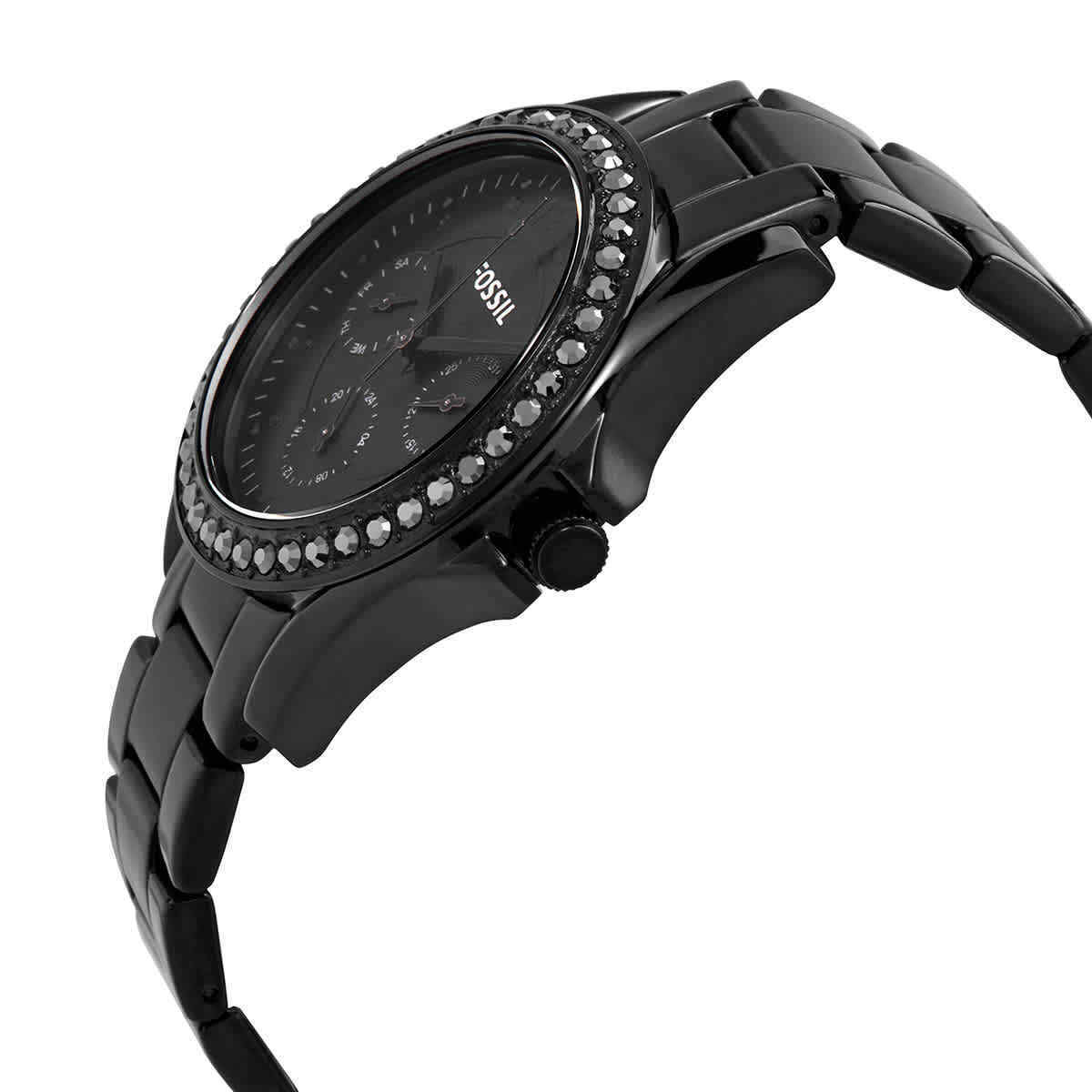 Fossil Rilry watch side view showing black stainless steel bracelet and case