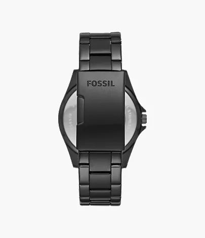 Fossil Rilry watch caseback showing black stainless steel with Fossil branding
