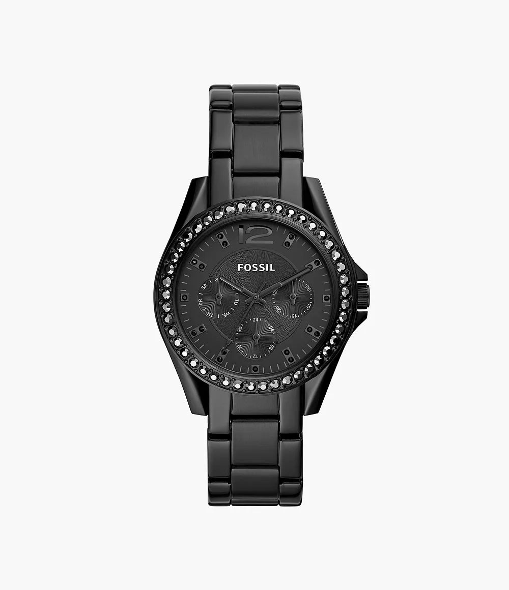 Fossil Rilry ladies chronograph watch with black dial and crystal bezel
